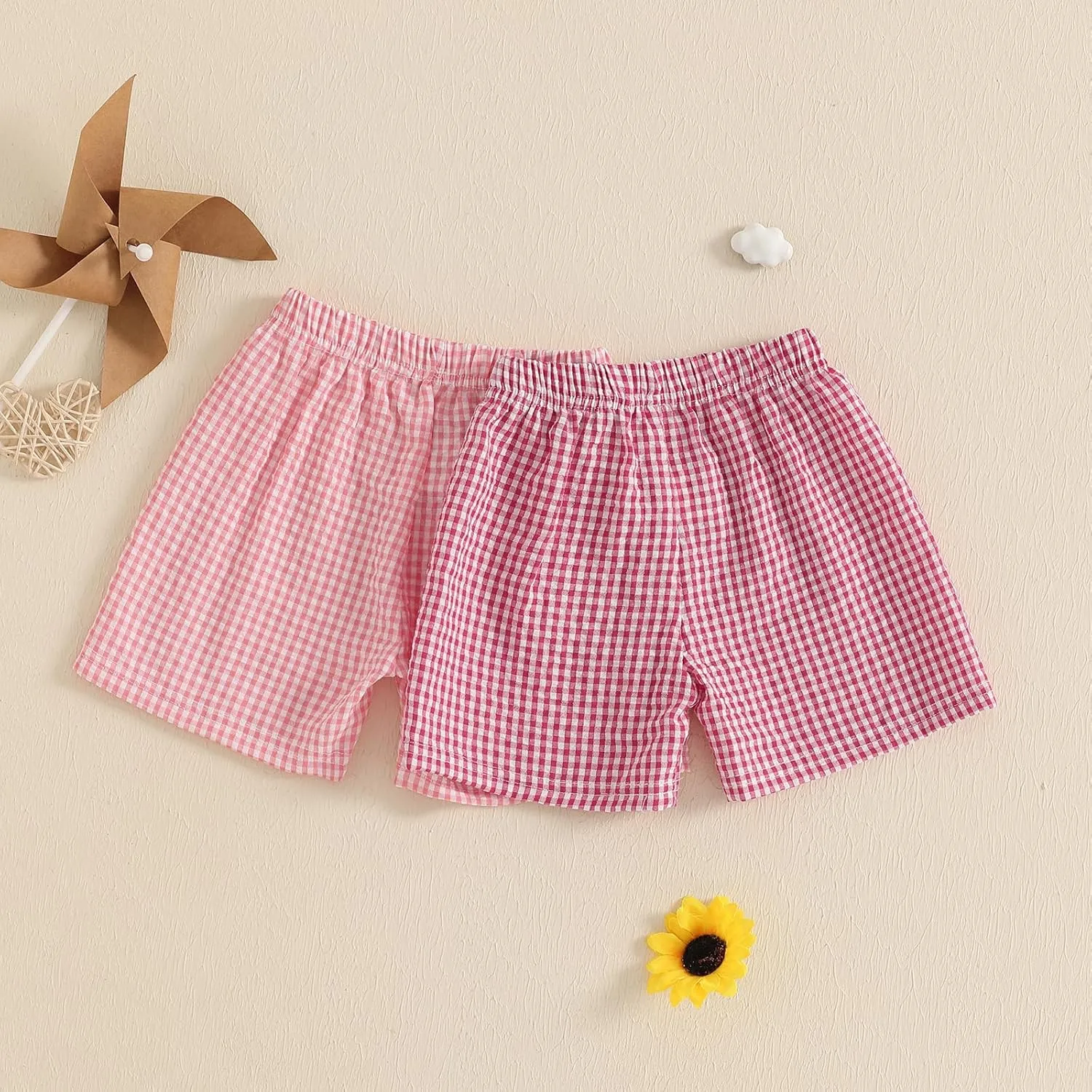 2PCS Toddler Baby Girl Boy Gingham Seersucker Shorts Elastic Waist Plaid Shorts Casual Short Pants Summer Bottoms