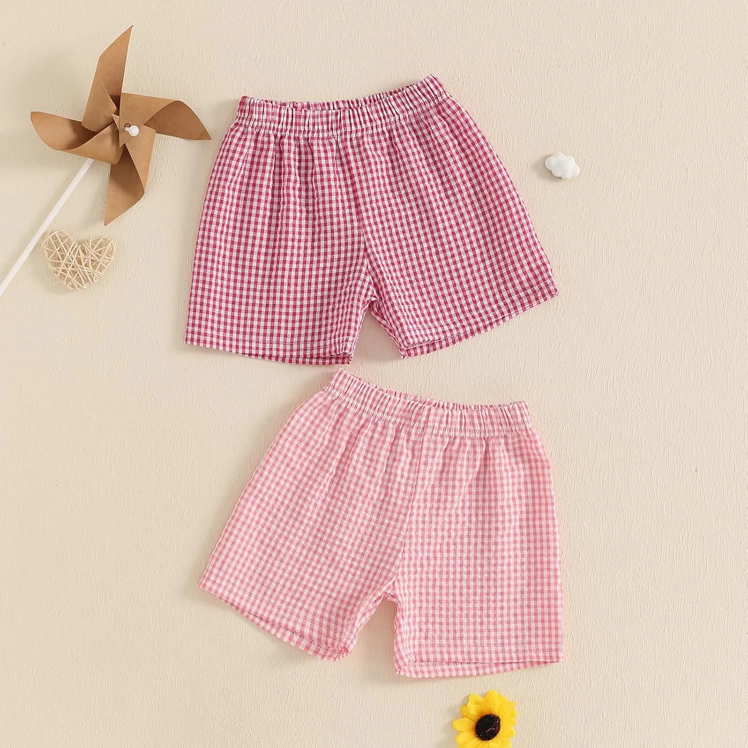 2PCS Toddler Baby Girl Boy Gingham Seersucker Shorts Elastic Waist Plaid Shorts Casual Short Pants Summer Bottoms