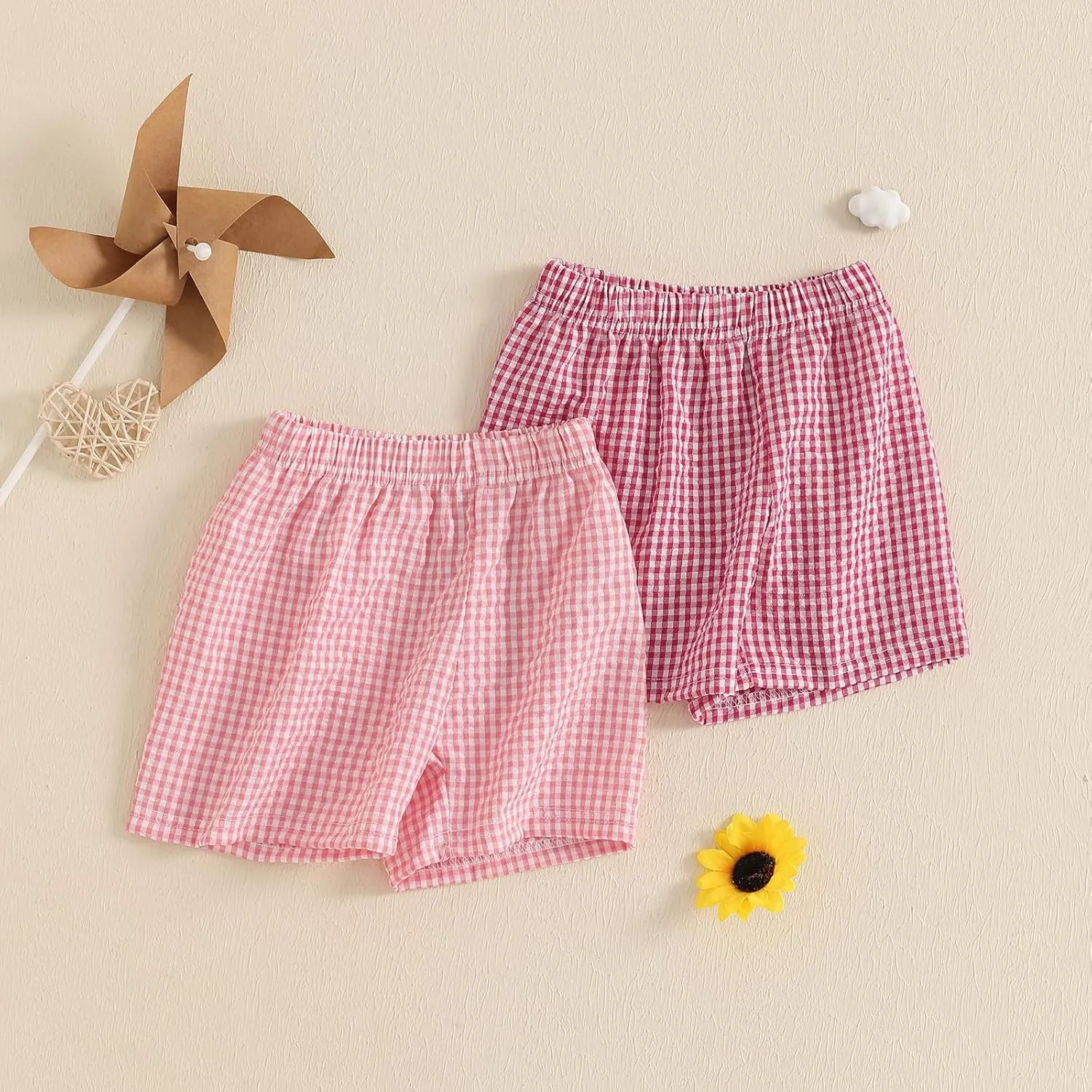 2PCS Toddler Baby Girl Boy Gingham Seersucker Shorts Elastic Waist Plaid Shorts Casual Short Pants Summer Bottoms