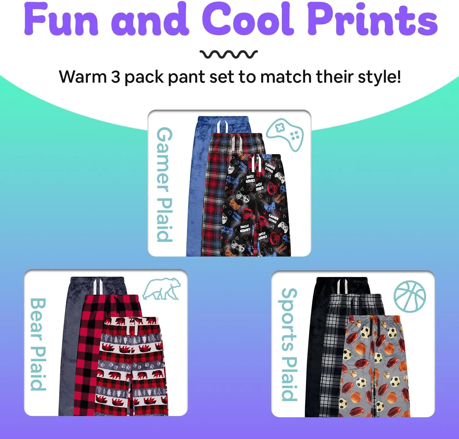 3-Pack Boys Pajama Pants - Soft Micro Fleece PJ Bottoms for Kids - Boys Sleepwear, Size 7-20