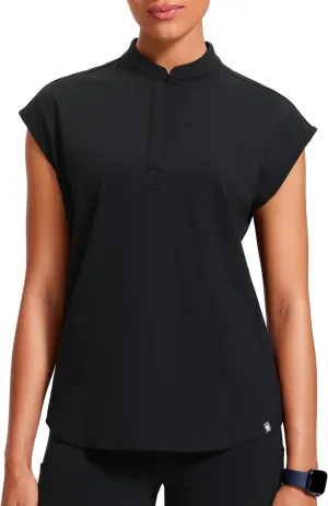 4-Way Stretch Scrub Tops for Women - 2 Pockets Mandarin Collar Shirttail Hem Medical Work Scrub Shirts