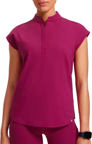 4-Way Stretch Scrub Tops for Women - 2 Pockets Mandarin Collar Shirttail Hem Medical Work Scrub Shirts