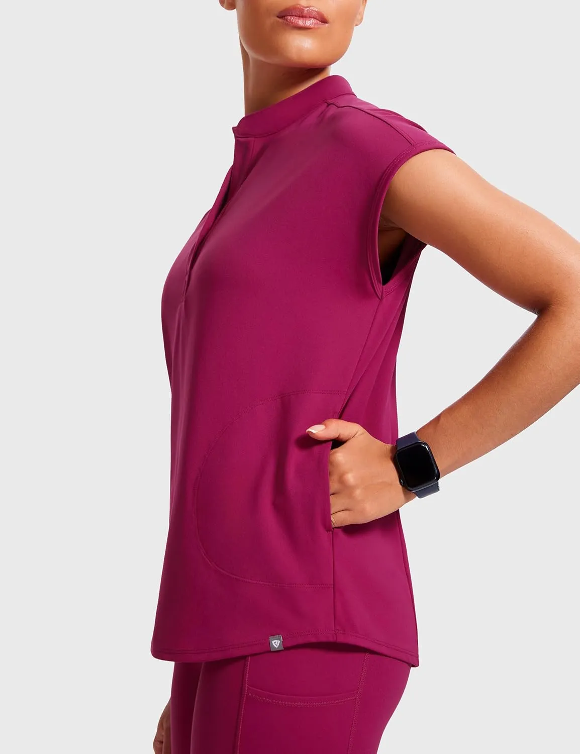 4-Way Stretch Scrub Tops for Women - 2 Pockets Mandarin Collar Shirttail Hem Medical Work Scrub Shirts
