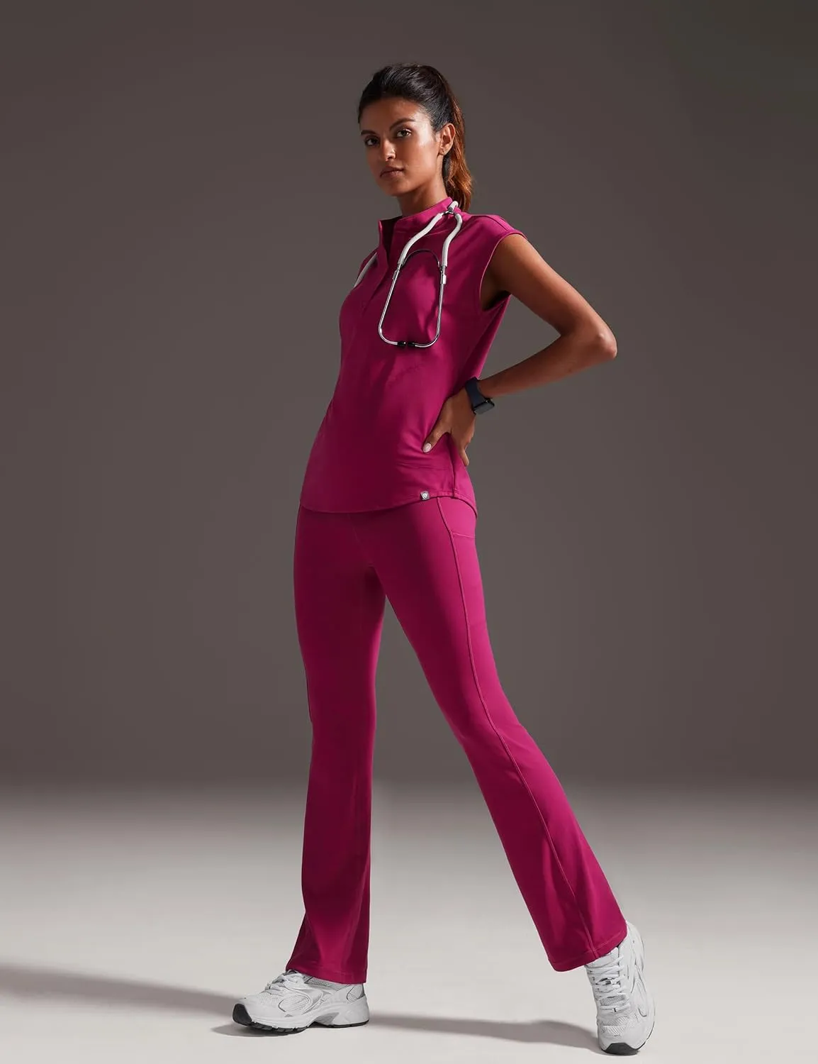 4-Way Stretch Scrub Tops for Women - 2 Pockets Mandarin Collar Shirttail Hem Medical Work Scrub Shirts