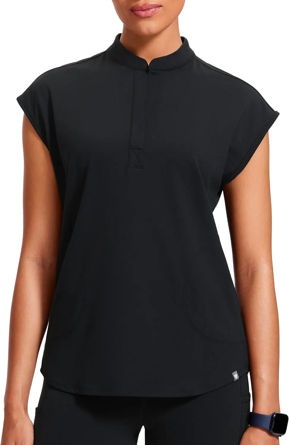 4-Way Stretch Scrub Tops for Women - 2 Pockets Mandarin Collar Shirttail Hem Medical Work Scrub Shirts