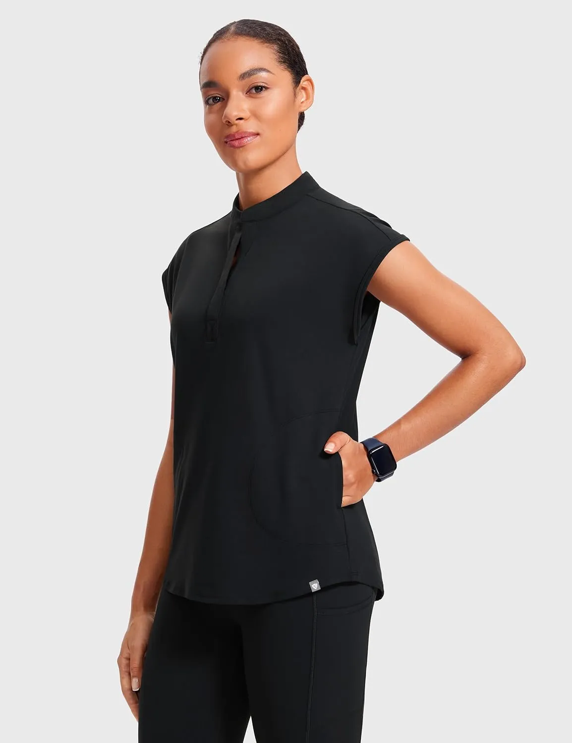 4-Way Stretch Scrub Tops for Women - 2 Pockets Mandarin Collar Shirttail Hem Medical Work Scrub Shirts
