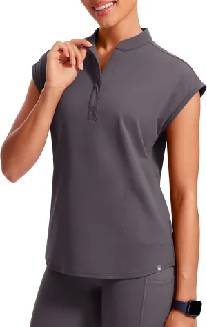 4-Way Stretch Scrub Tops for Women - 2 Pockets Mandarin Collar Shirttail Hem Medical Work Scrub Shirts