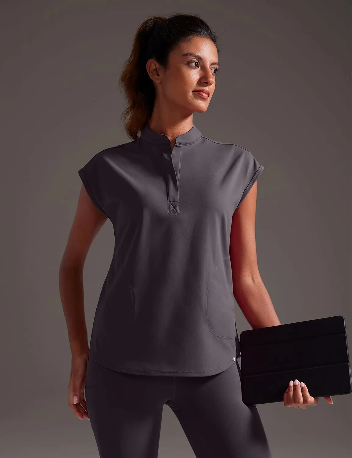 4-Way Stretch Scrub Tops for Women - 2 Pockets Mandarin Collar Shirttail Hem Medical Work Scrub Shirts