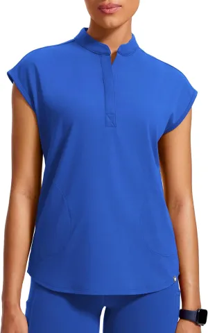 4-Way Stretch Scrub Tops for Women - 2 Pockets Mandarin Collar Shirttail Hem Medical Work Scrub Shirts
