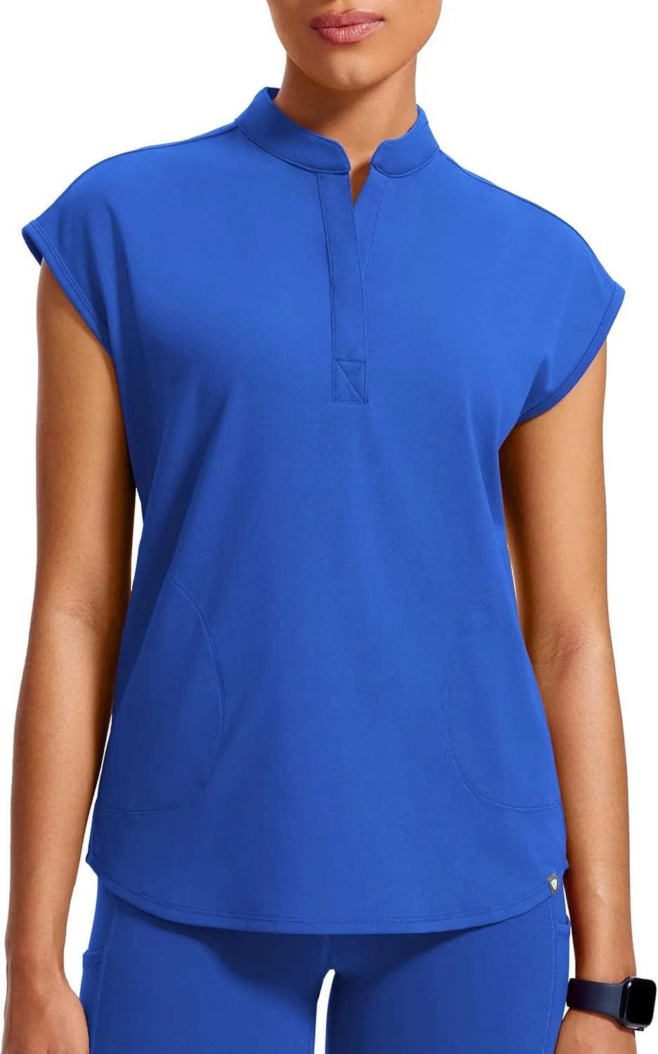 4-Way Stretch Scrub Tops for Women - 2 Pockets Mandarin Collar Shirttail Hem Medical Work Scrub Shirts