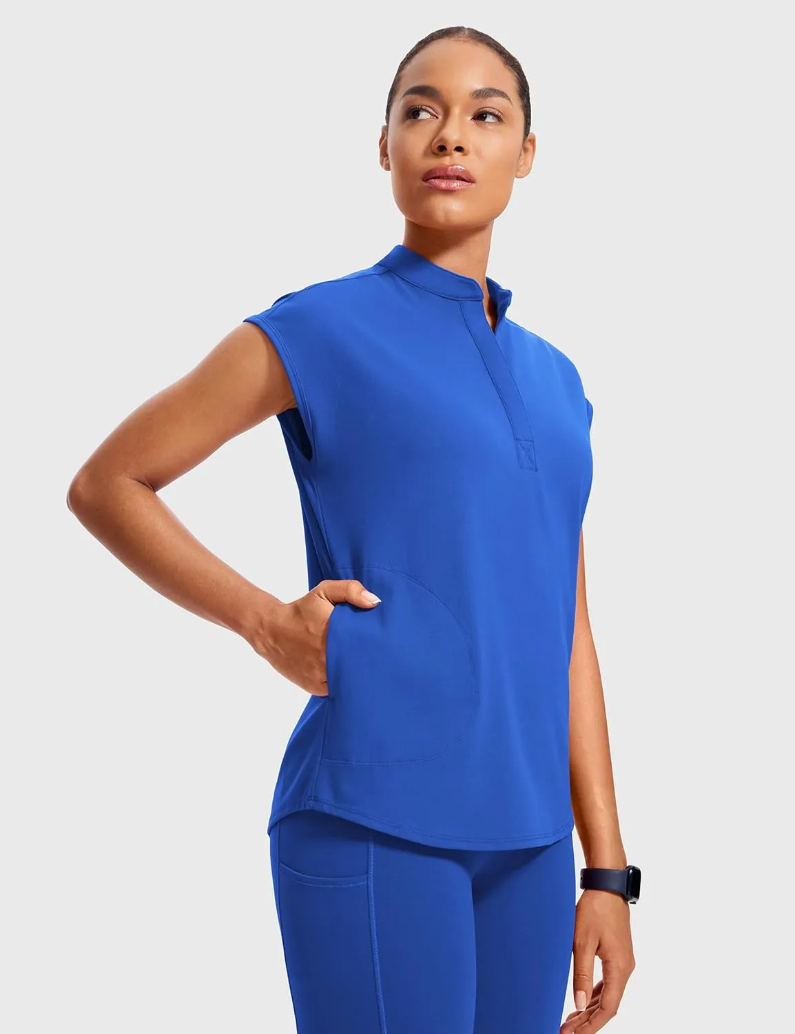 4-Way Stretch Scrub Tops for Women - 2 Pockets Mandarin Collar Shirttail Hem Medical Work Scrub Shirts
