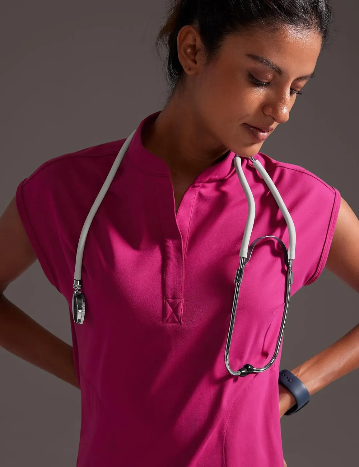 4-Way Stretch Scrub Tops for Women - 2 Pockets Mandarin Collar Shirttail Hem Medical Work Scrub Shirts