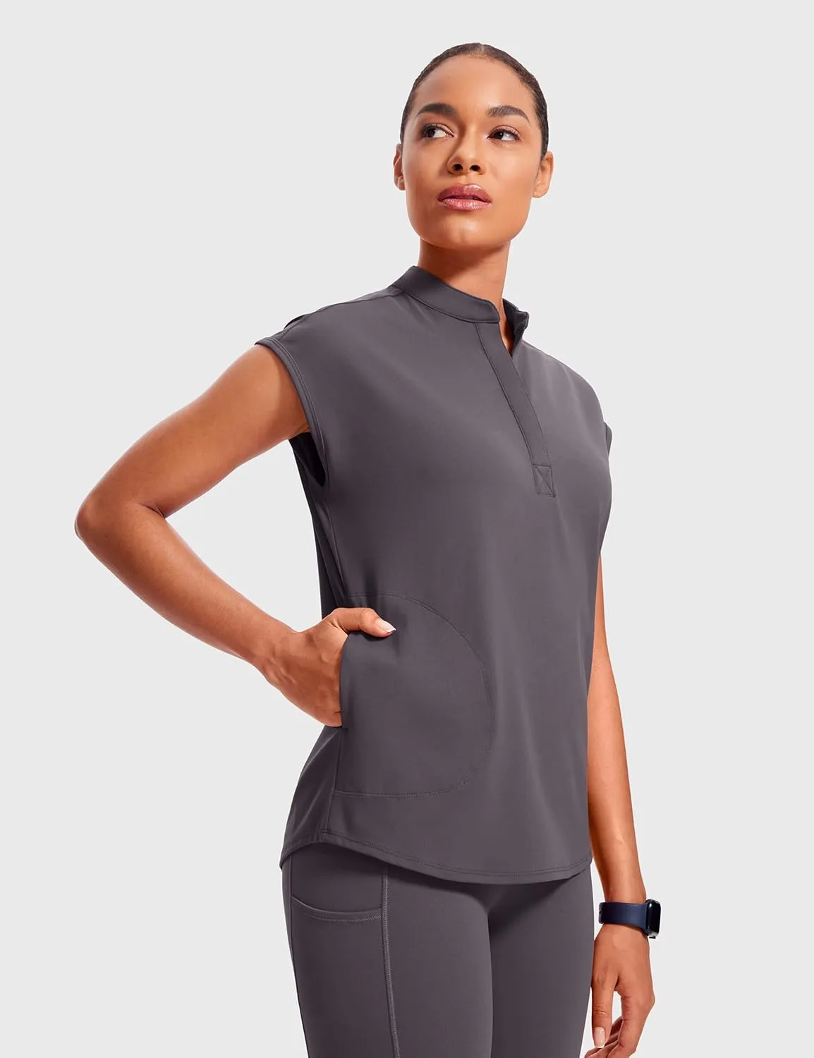 4-Way Stretch Scrub Tops for Women - 2 Pockets Mandarin Collar Shirttail Hem Medical Work Scrub Shirts