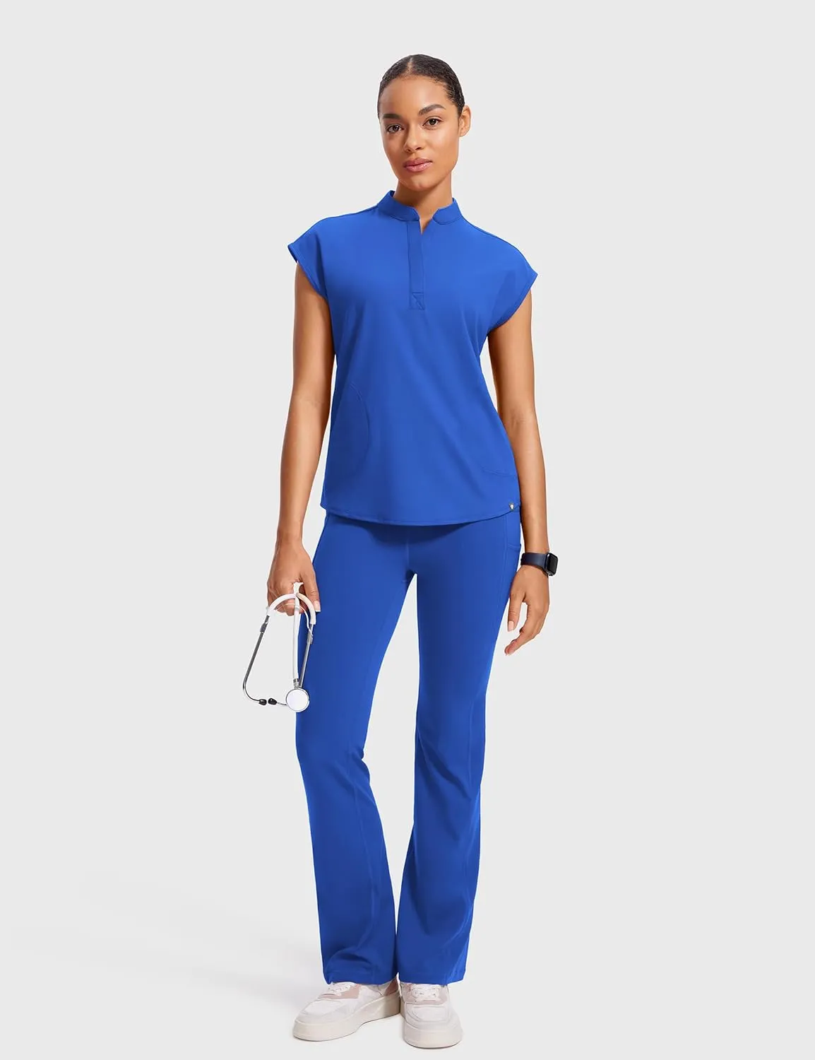 4-Way Stretch Scrub Tops for Women - 2 Pockets Mandarin Collar Shirttail Hem Medical Work Scrub Shirts