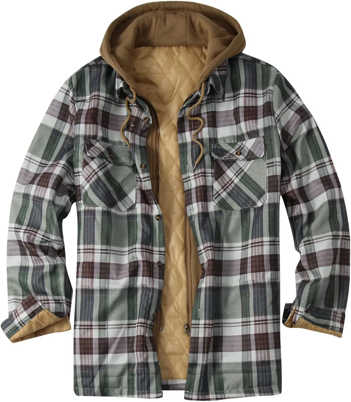 aihihe Men's Hooded Quilted Lined Flannel Shirt Jacket Plus Size Long Sleeve Plaid Zipper Jackets Winter Thermal Outerwear