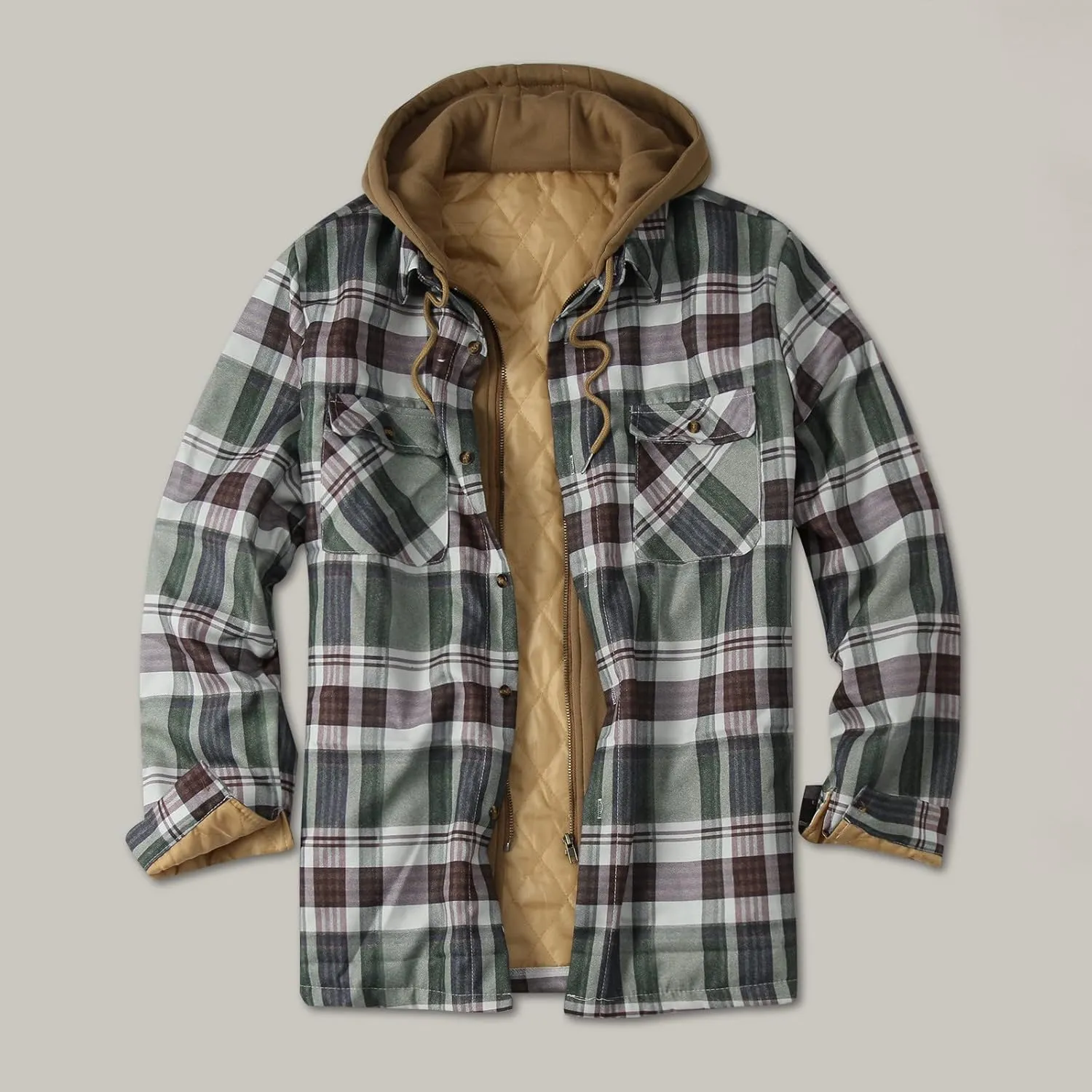 aihihe Men's Hooded Quilted Lined Flannel Shirt Jacket Plus Size Long Sleeve Plaid Zipper Jackets Winter Thermal Outerwear