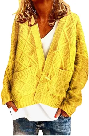 Akivide Women's Oversized Button Down Cable Knit Cardigan Sweater Chunky Long Sleeve Coat Outerwear with Pockets
