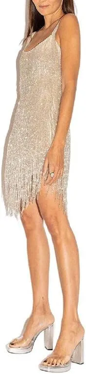 Argeousgor Women Sparkly Sequin Mini Dress Spaghetti Strap Backless Ruche High Waist Short Dresses Elegant Party Dress