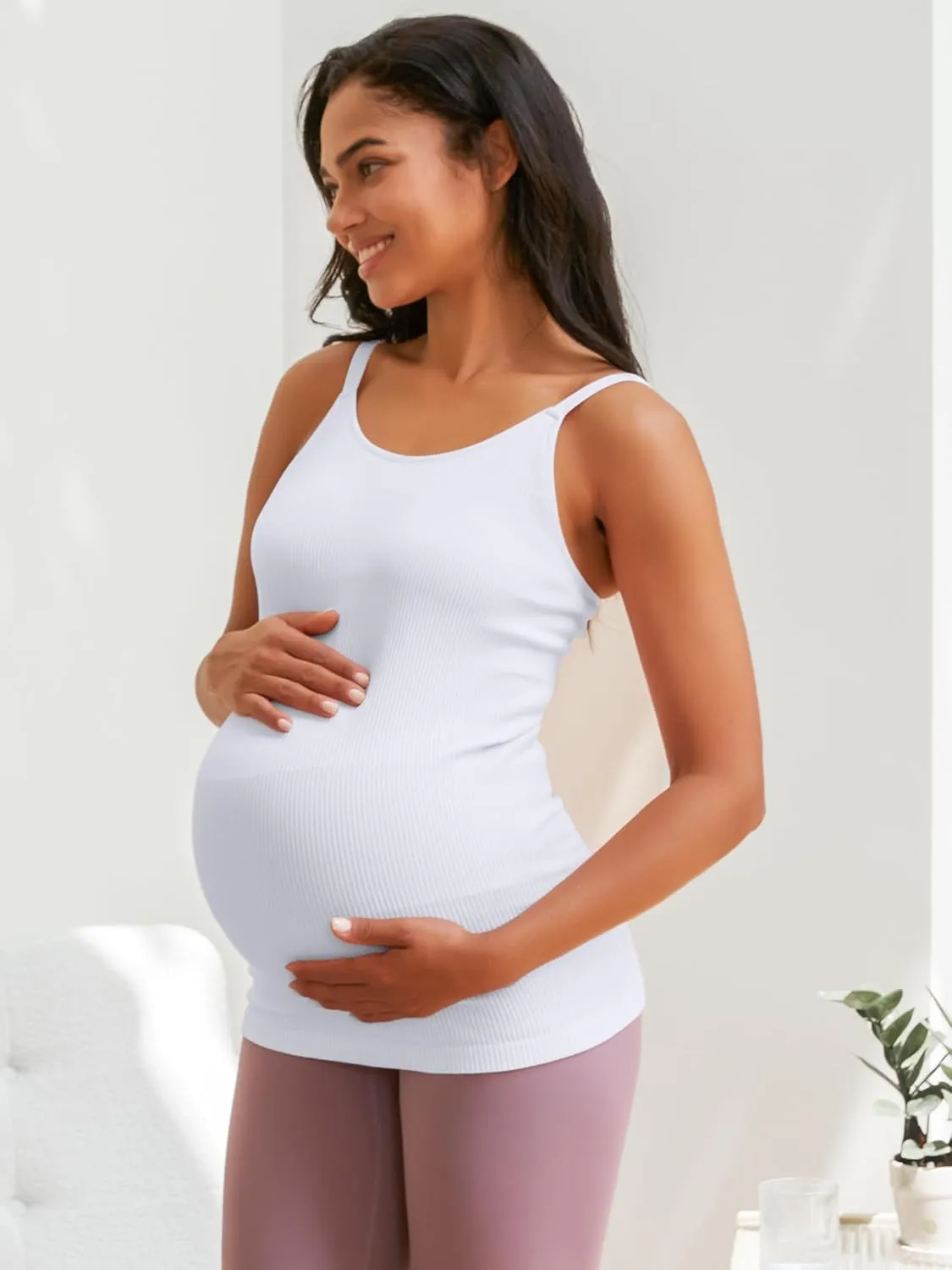 ATTRACO Maternity Tank Tops with Built in Bra Ribbed Pregnancy Clothes Adjustable Straps