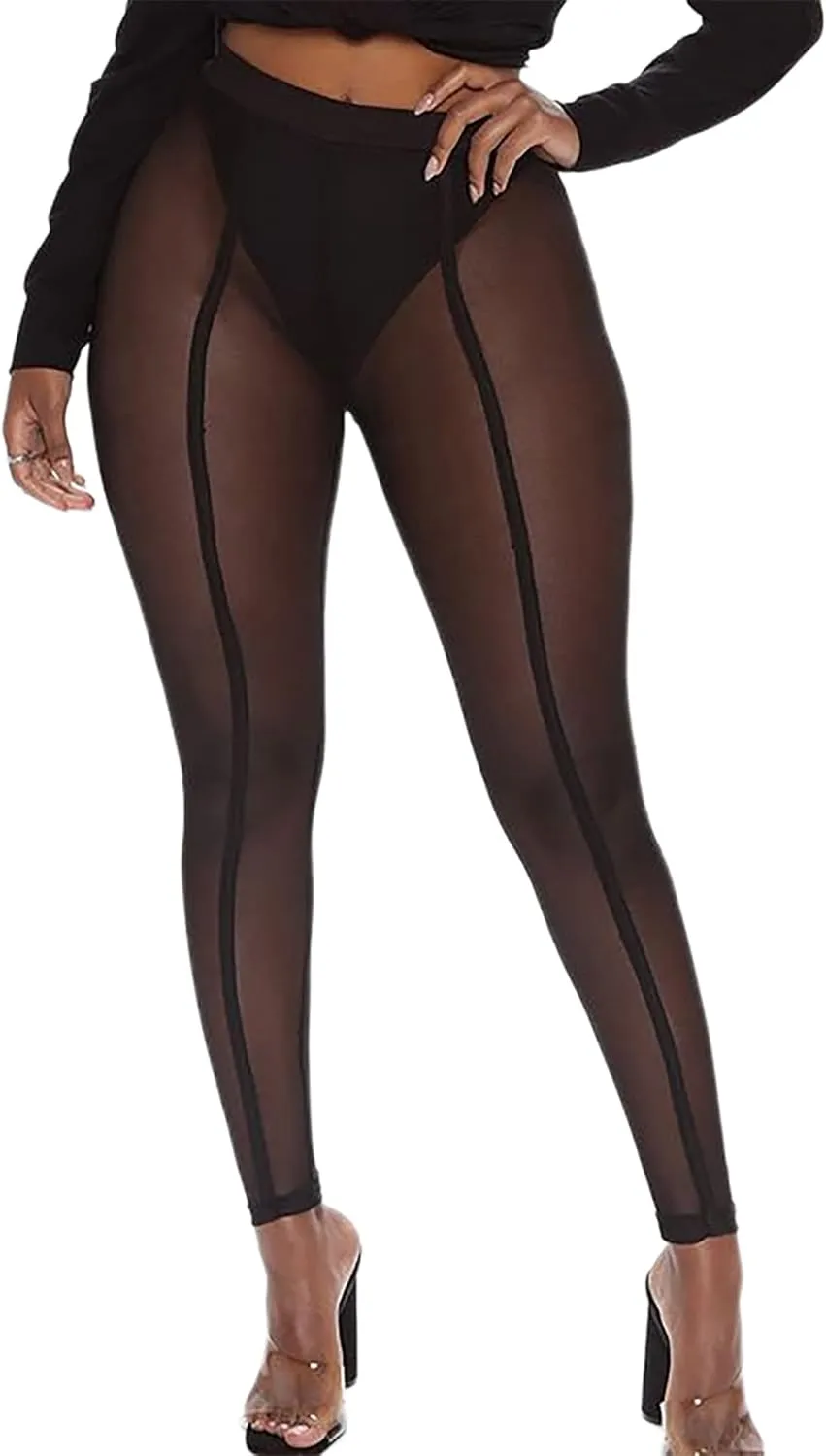 Atyfuniby Womens Leggings High Waisted - Sexy Skinny Mesh See Through Pants Party Clubwear