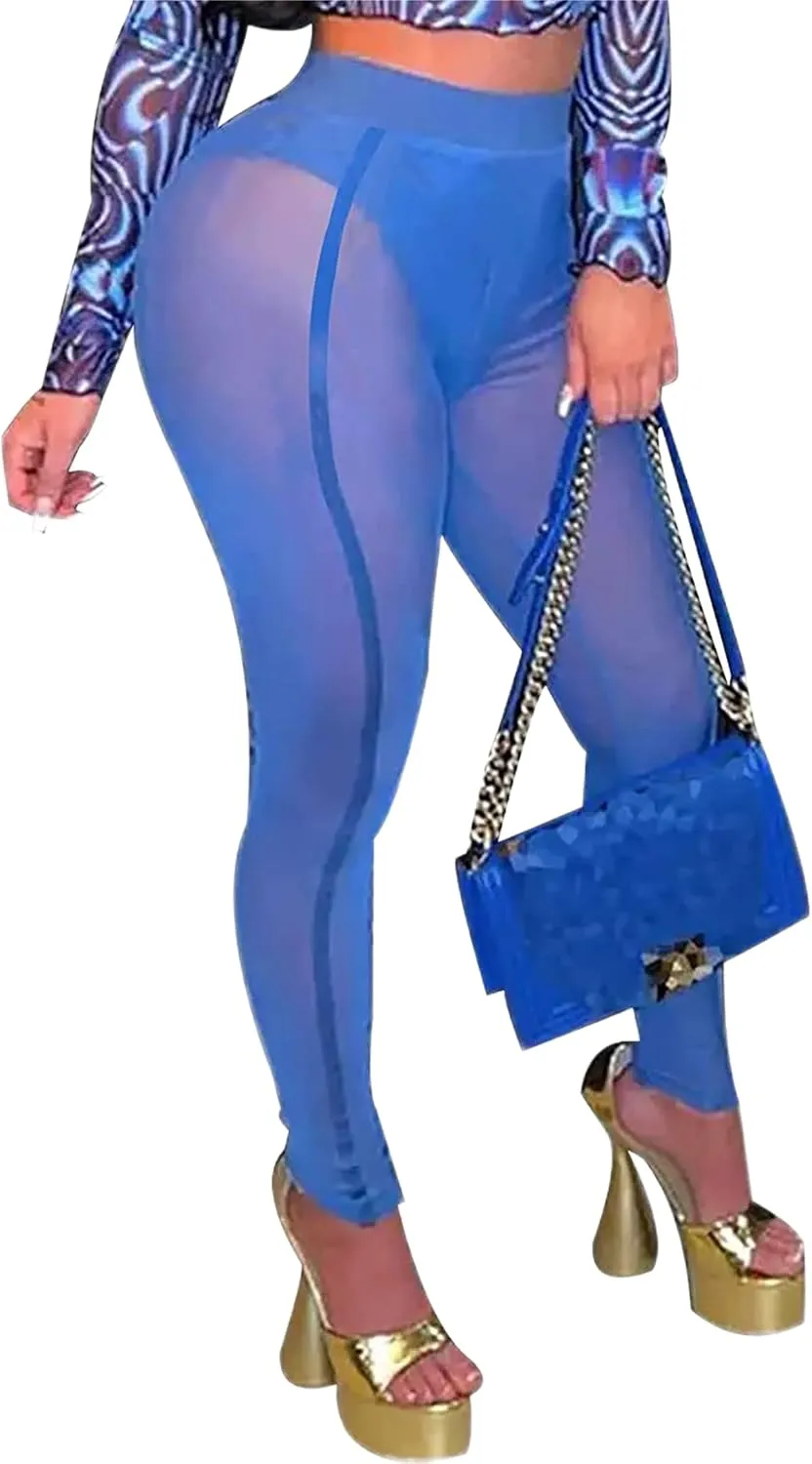 Atyfuniby Womens Leggings High Waisted - Sexy Skinny Mesh See Through Pants Party Clubwear
