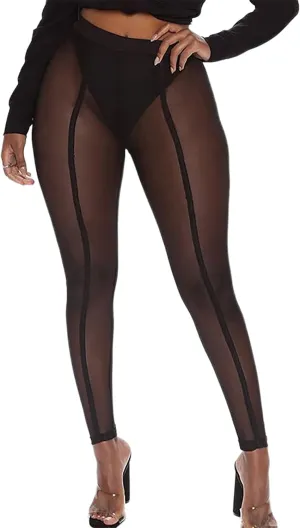 Atyfuniby Womens Leggings High Waisted - Sexy Skinny Mesh See Through Pants Party Clubwear