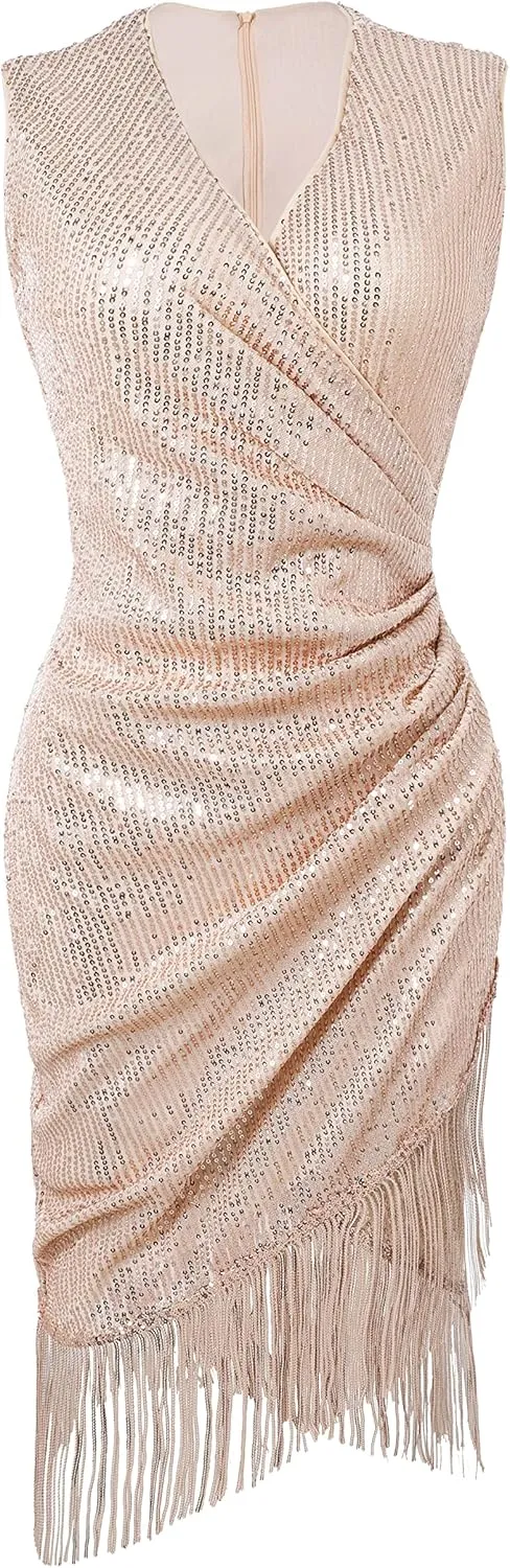 BABEYOND Sequin Dresses for Women - Wrap Bodycon Party Dress Ruched Fringe Sexy Night Clubwear