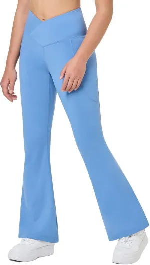 baleaf Girls' Flare Leggings Cross High Waisted Bootcut Yoga Dance Pants Kids Bell Bottoms Leggings with Pockets