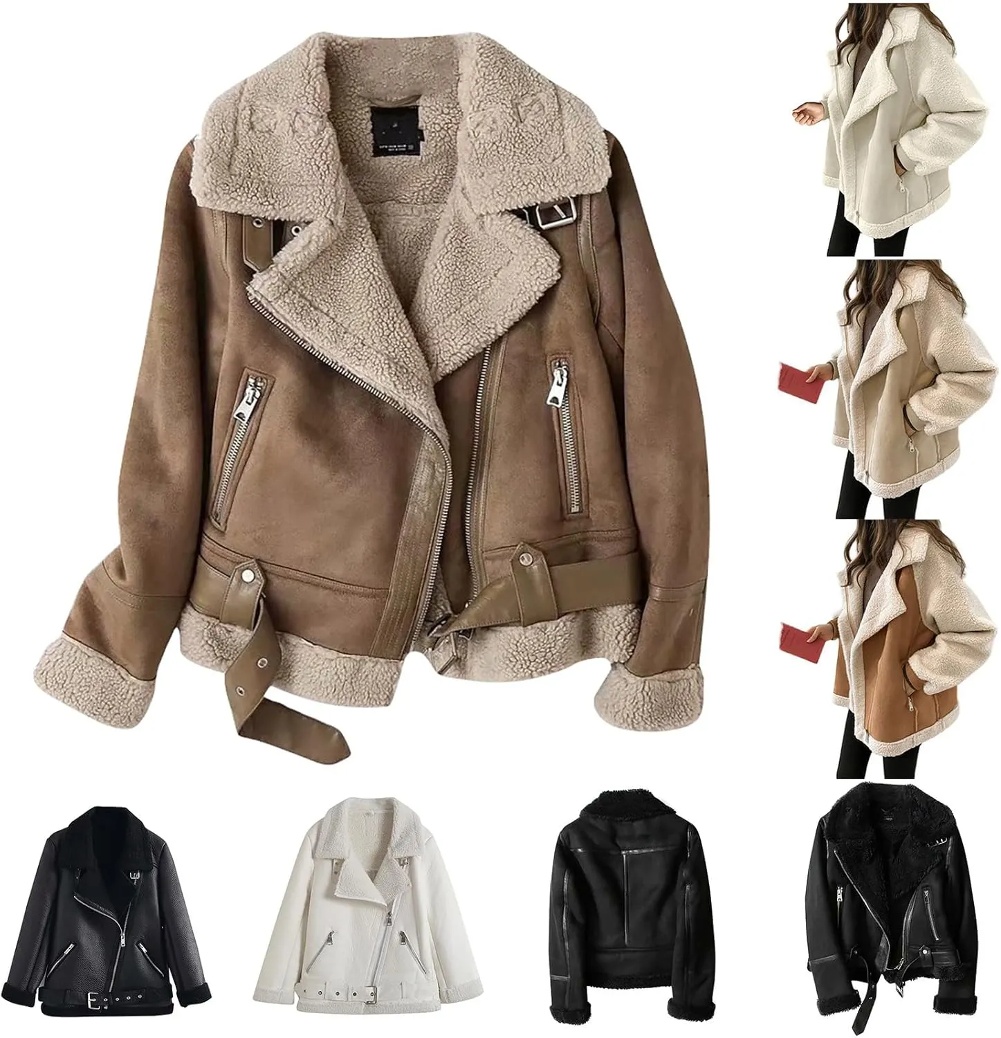 BAXLIMEK Faux Leather Jacket For Women,2023 Fall Winter Trendy Thicken Warm Lapel Shaggy Fuzzy Fleece Lined Sherpa Jackets