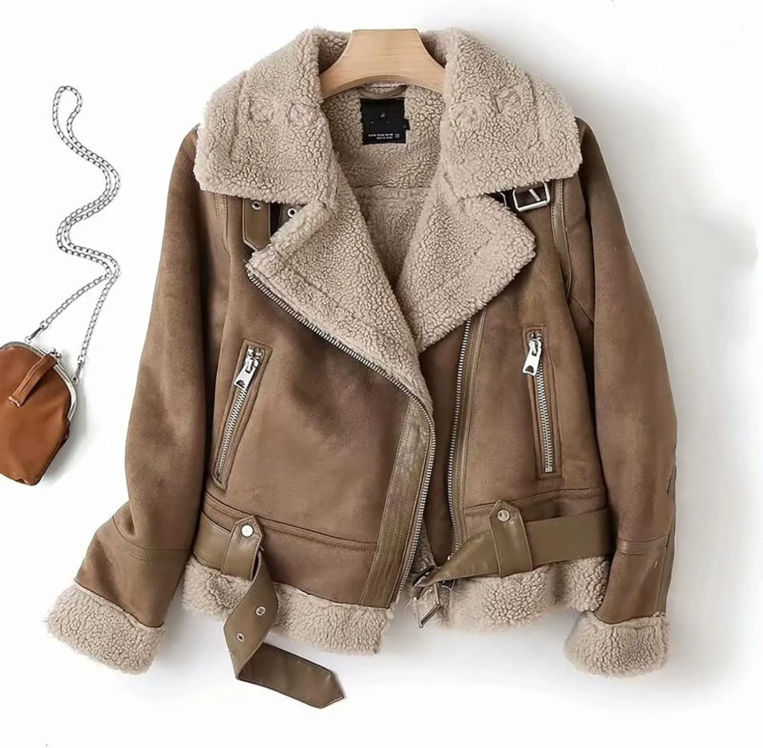 BAXLIMEK Faux Leather Jacket For Women,2023 Fall Winter Trendy Thicken Warm Lapel Shaggy Fuzzy Fleece Lined Sherpa Jackets