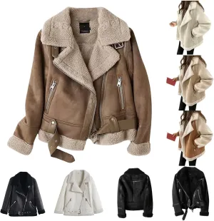 BAXLIMEK Faux Leather Jacket For Women,2023 Fall Winter Trendy Thicken Warm Lapel Shaggy Fuzzy Fleece Lined Sherpa Jackets