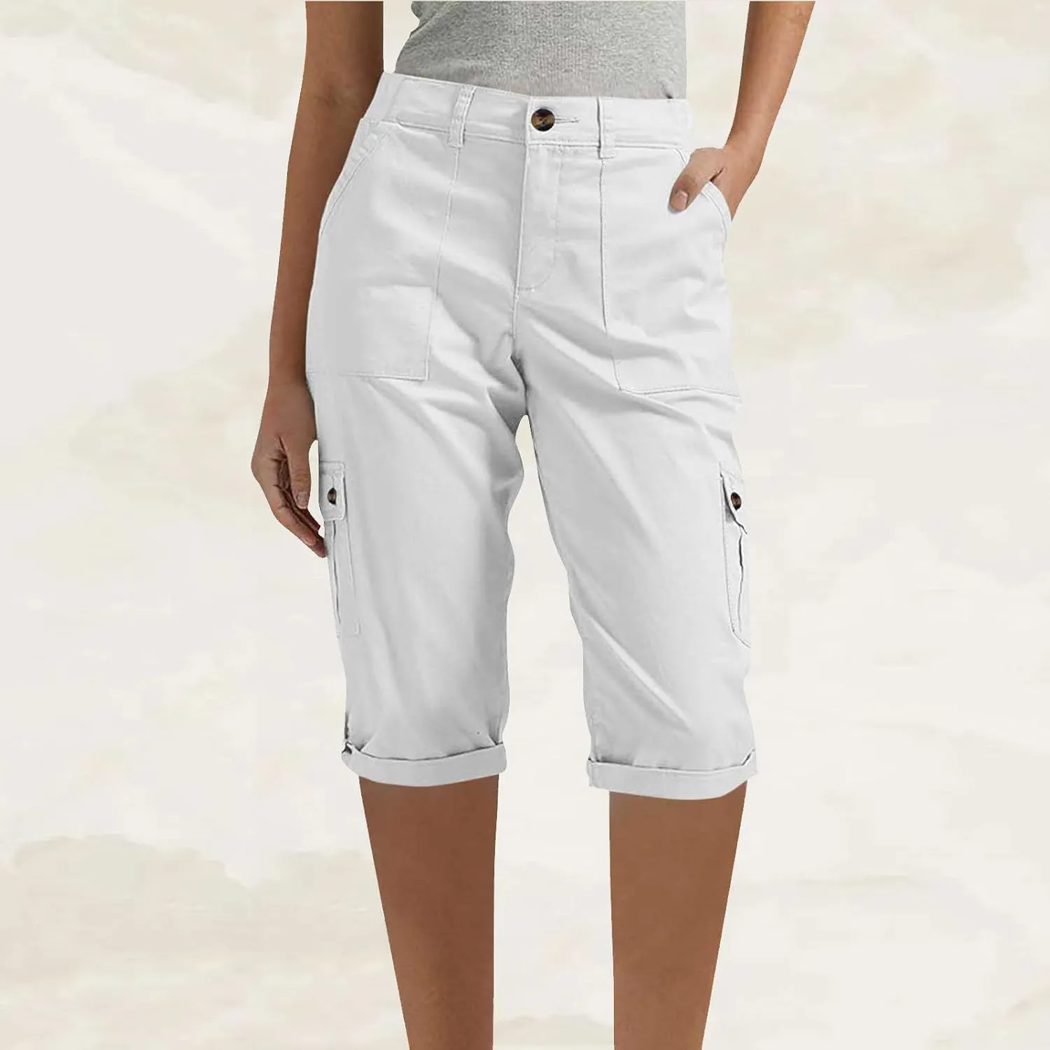 Bermuda Cargo Shorts for Women with 6 Pockets Knee Length Twill Half Casual Dressy Shorts Pants Bottoms