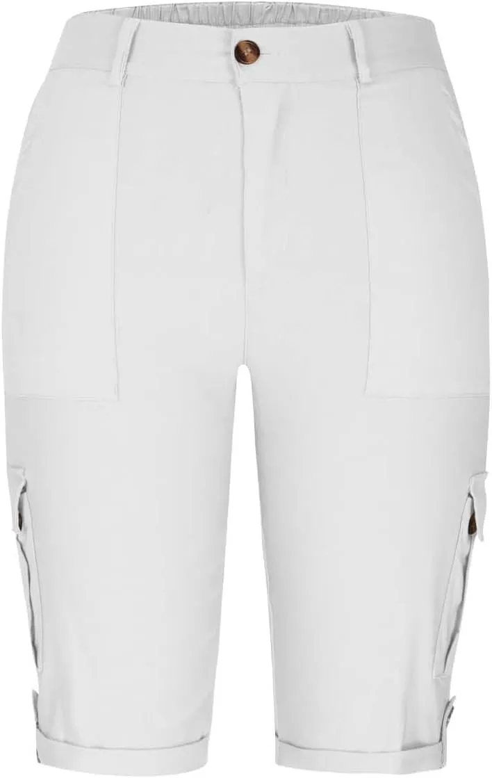 Bermuda Cargo Shorts for Women with 6 Pockets Knee Length Twill Half Casual Dressy Shorts Pants Bottoms