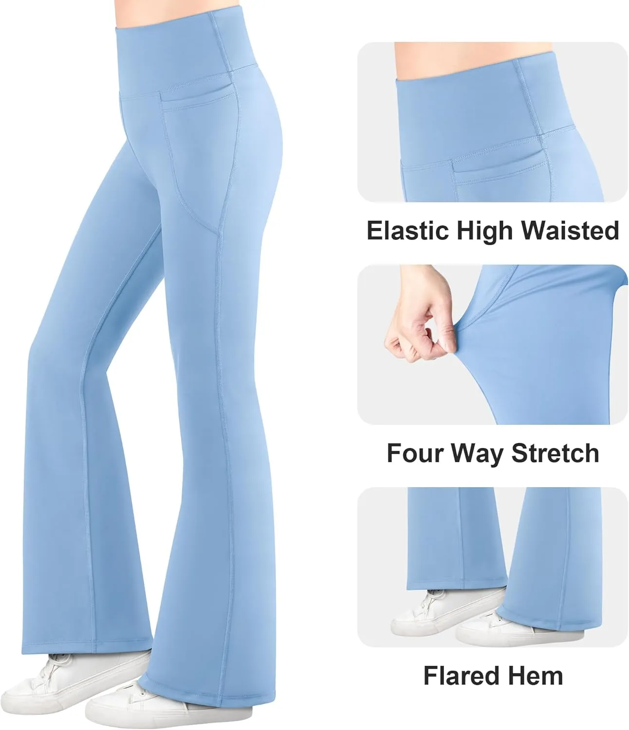 BIG ELEPHANT Girl's Flare Leggings with Pockets, Kids Bootcut Yoga Pants, High Waisted Bell Bottoms for Dance