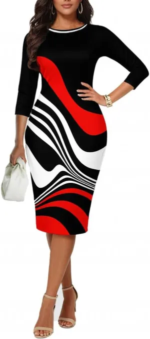 Bodycon Print Dresses for Women Elegant Midi Pencil Dress Outfits Business Casual Clubwear