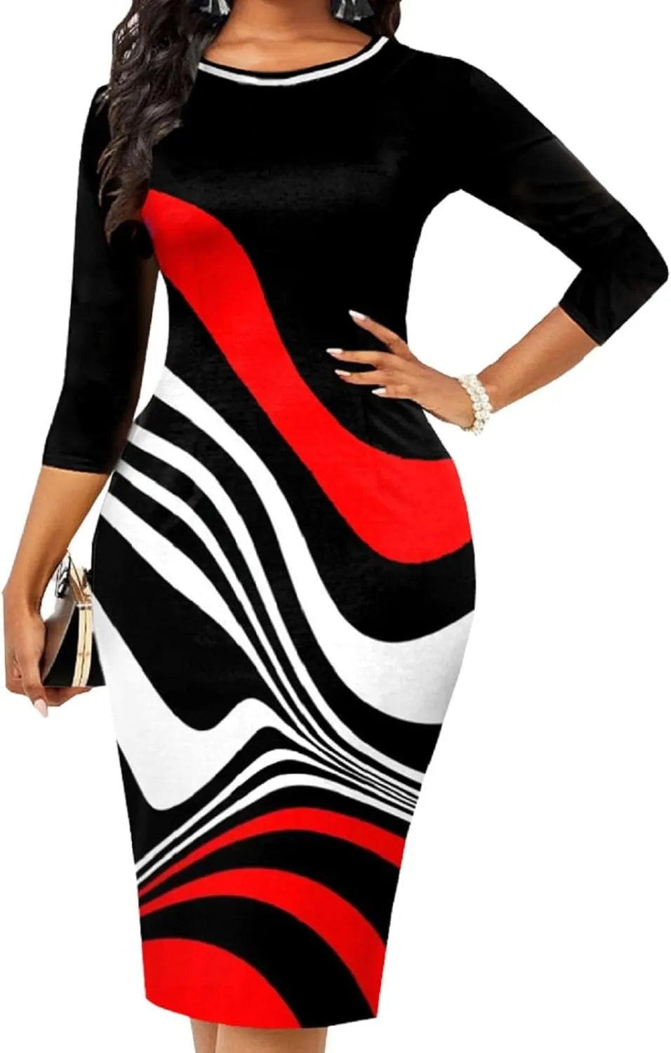 Bodycon Print Dresses for Women Elegant Midi Pencil Dress Outfits Business Casual Clubwear