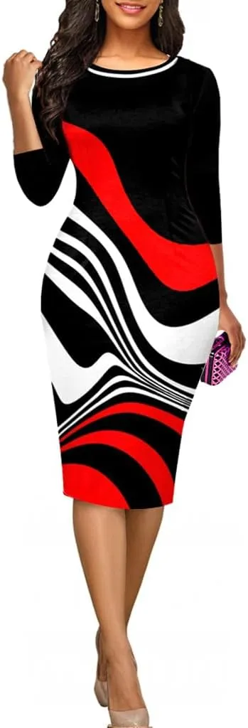 Bodycon Print Dresses for Women Elegant Midi Pencil Dress Outfits Business Casual Clubwear