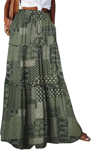 Boho Maxi Skirts for Women 2025 Casual Bohemian Tiered Long Pleated Skirt Hippie High Waisted Aline Beach Flowy Skirt
