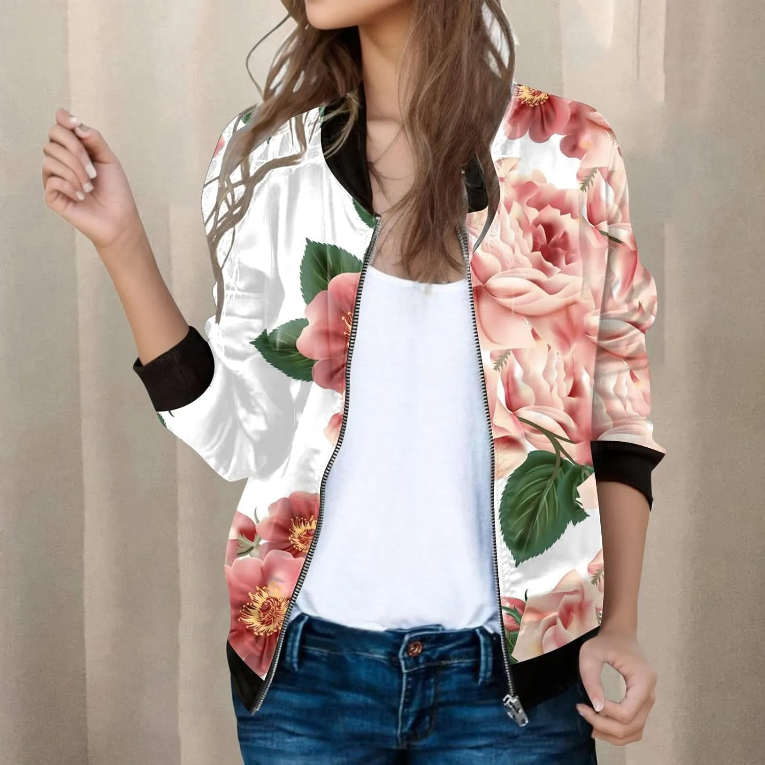 Bomber Jacket Women 2024 Casual Floral Lightweight Jackets Spring Fall Women Trendy Zip Up Coat Outwear with Pockets