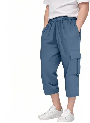 Boys Cargo Shorts 3/4 Joggers Capri Pants Athletic Khaki Shorts for Boys School Uniform Cargo Pants Kids Sweatpants