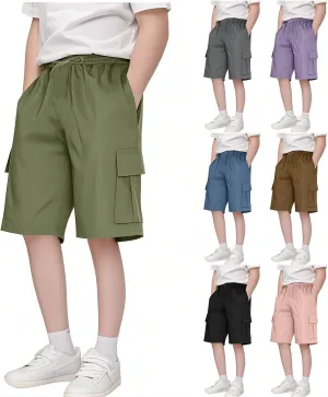 Boys Cargo Shorts for Teens School Uniform Khaki Athletic Shorts Quick Dry Flap Pocket Cargo Pants Drawstring Sweatpants