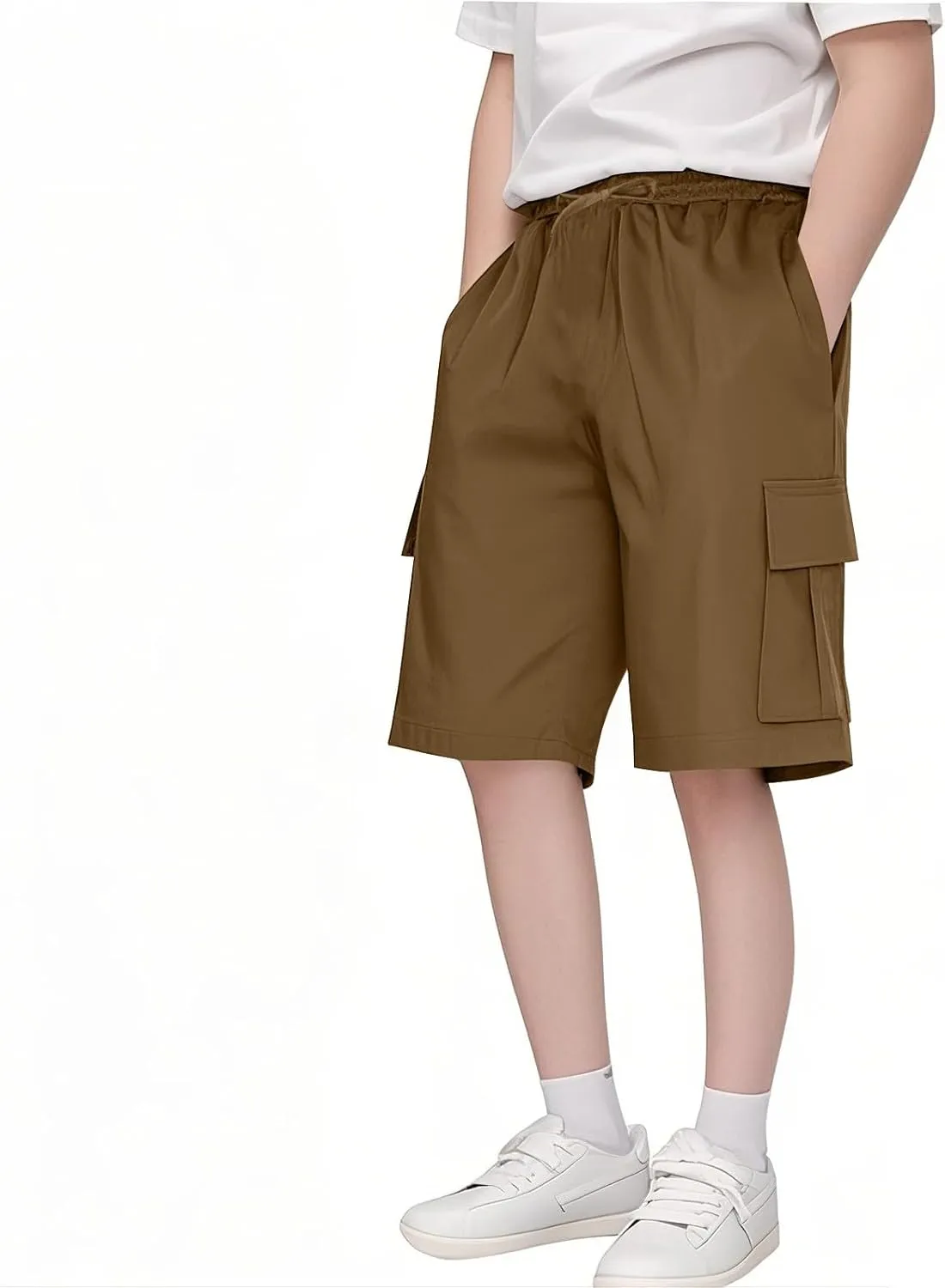 Boys Cargo Shorts for Teens School Uniform Khaki Athletic Shorts Quick Dry Flap Pocket Cargo Pants Drawstring Sweatpants