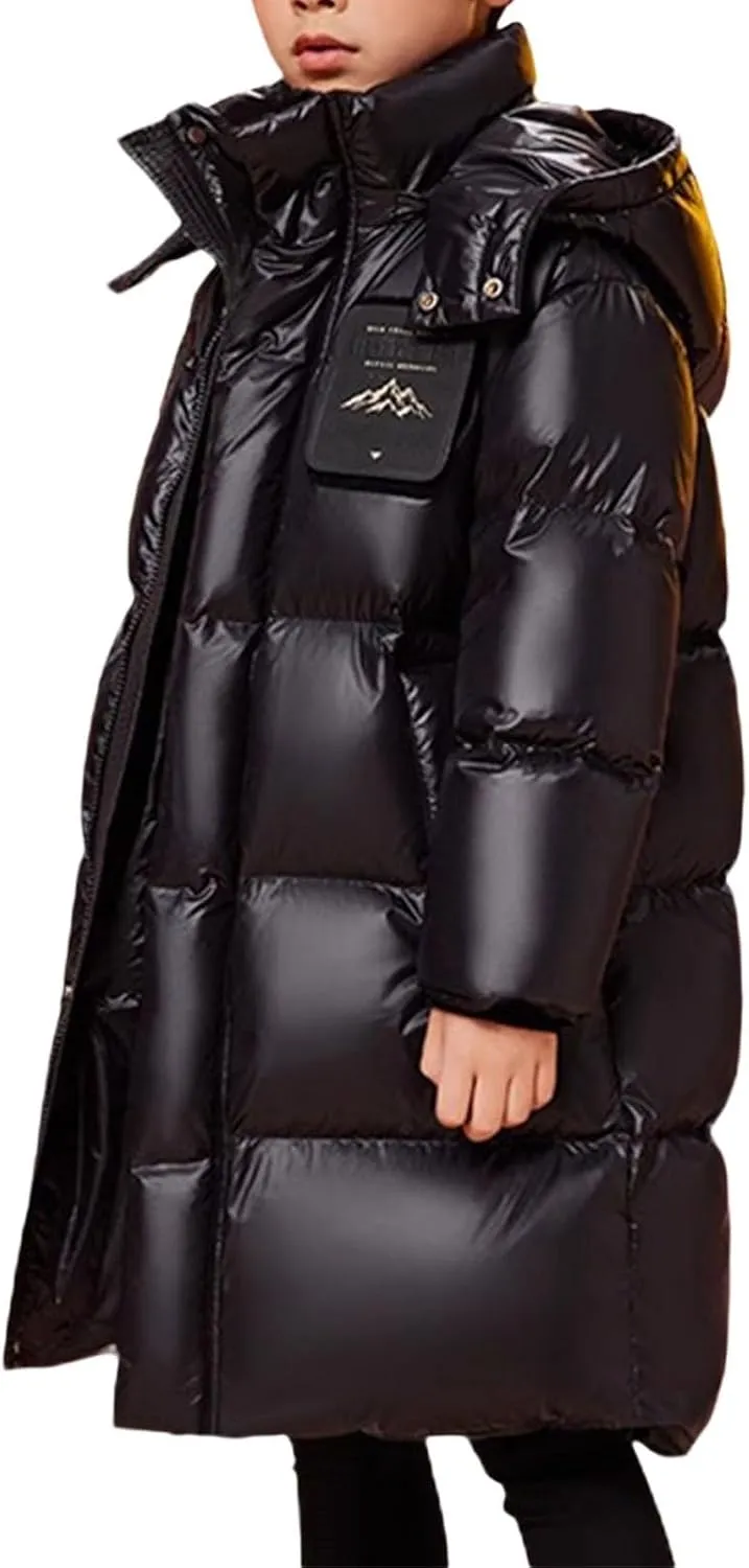 Boys Girls Fashion Long Hooded Down Coat Kids Puffer Down Jacket Thick Warm Coat Padded Hooded (Black, 12-13 Years)