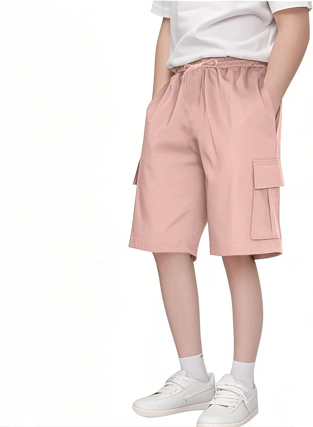Boys' Pull on Cargo Shorts School Uniform Athletic Khaki Shorts for Kids Below Knee Quick Dry Flap Pocket Cargo Pants
