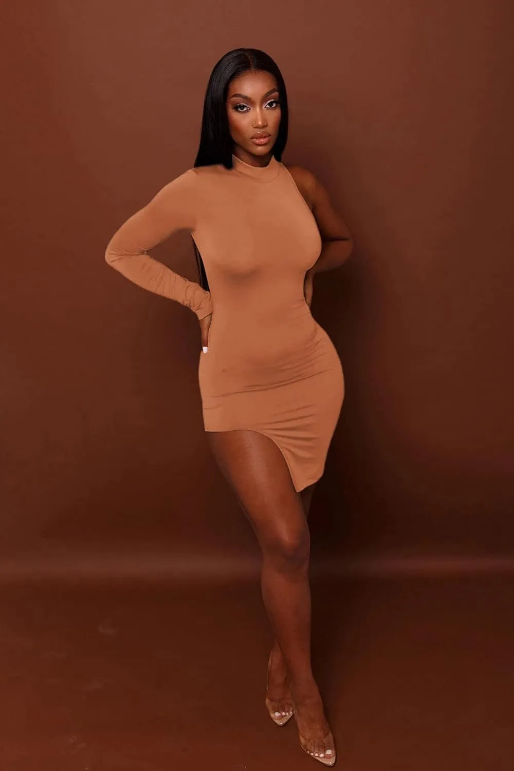 BYDIVA Classy One Shoulder Long Sleeve Bodycon Side Slit Party Dresses Clubwear