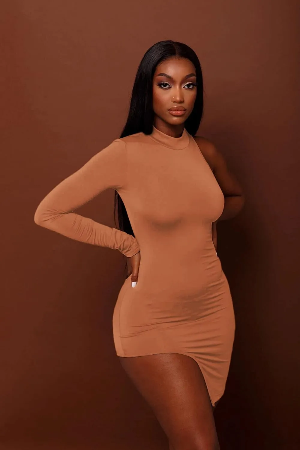 BYDIVA Classy One Shoulder Long Sleeve Bodycon Side Slit Party Dresses Clubwear