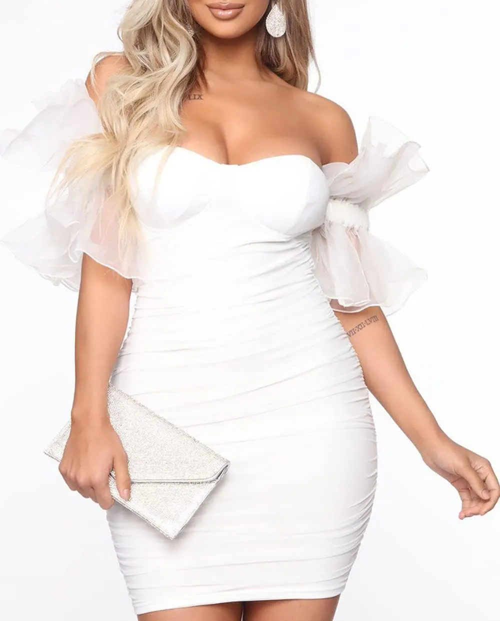 BYDIVA Elegant Puff Sleeve Ruched Bodycon Dress Party Clubwear for Women