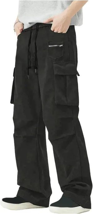 Cargo Pants Men Loose Fit Multi Pocket Bottoms Elastic Waist Straight Leg Tactical Workwear Adventure