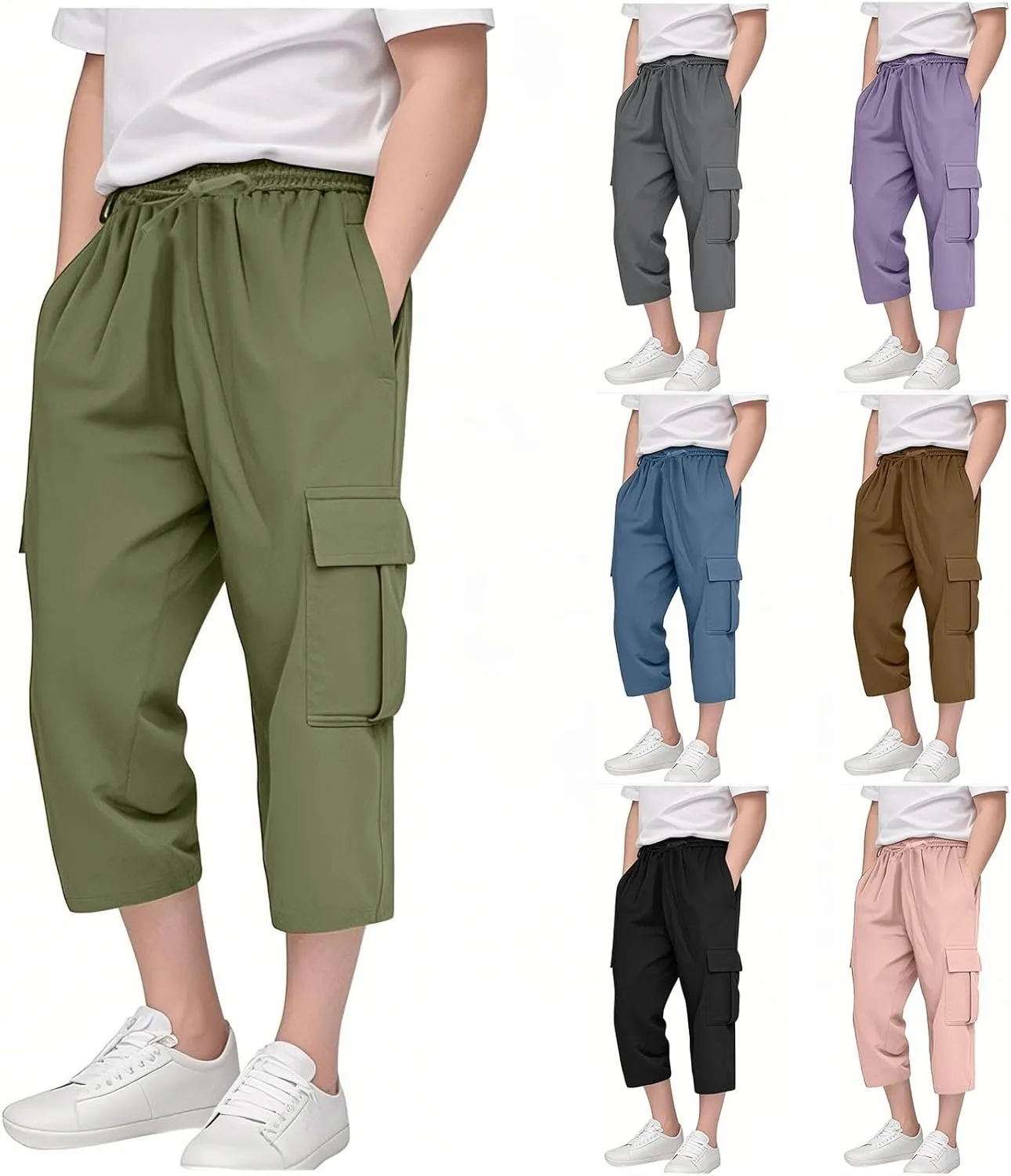 Cargo Shorts for Boys Athletic 3/4 Capri Pants Khaki Shorts School Uniform Quick Dry Hiking Pants Drawstring Sweatpants