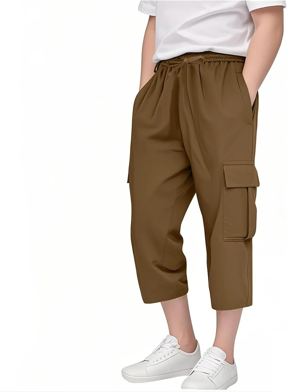 Cargo Shorts for Boys Athletic 3/4 Capri Pants Khaki Shorts School Uniform Quick Dry Hiking Pants Drawstring Sweatpants